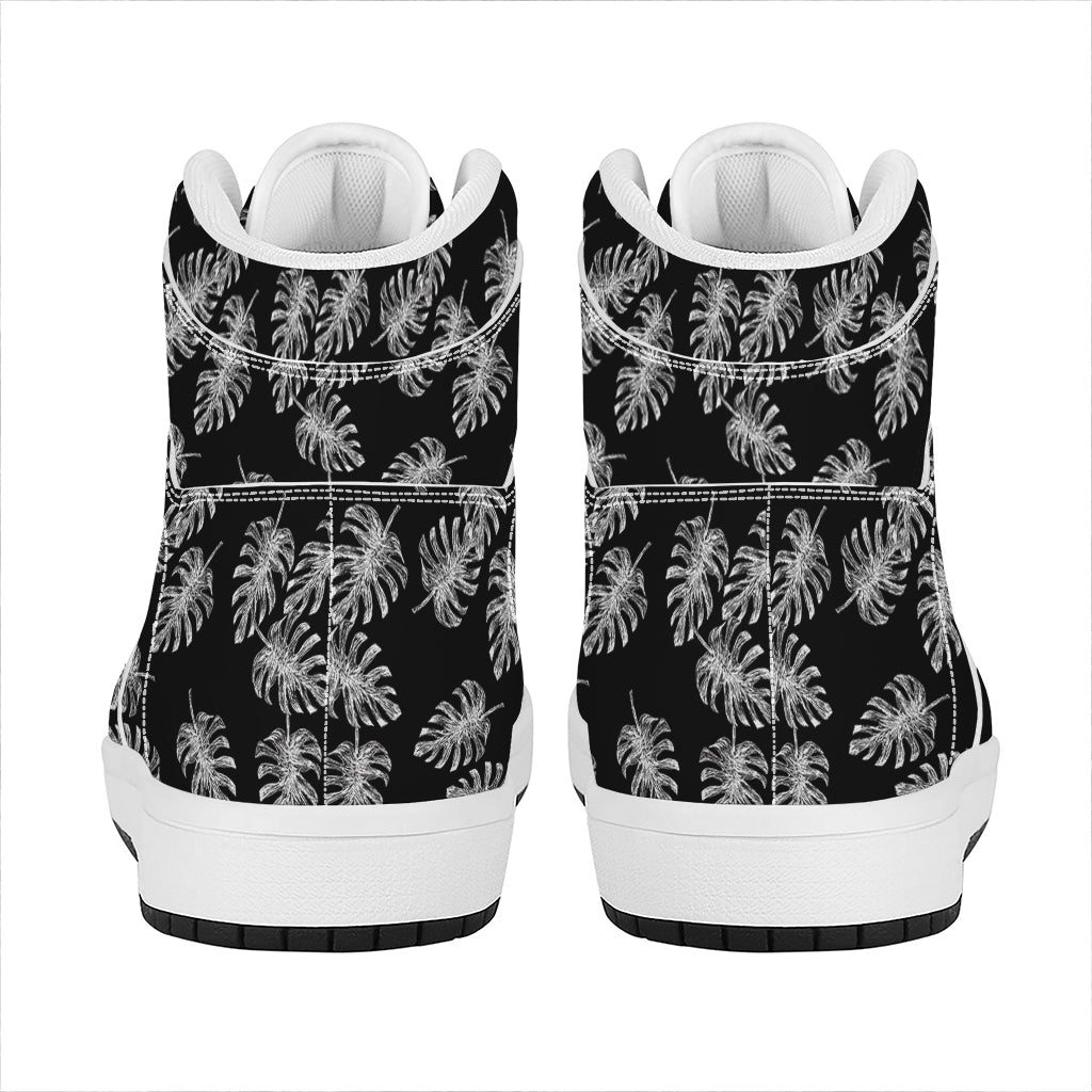 Black And White Monstera Pattern Print High Top Leather Sneakers
