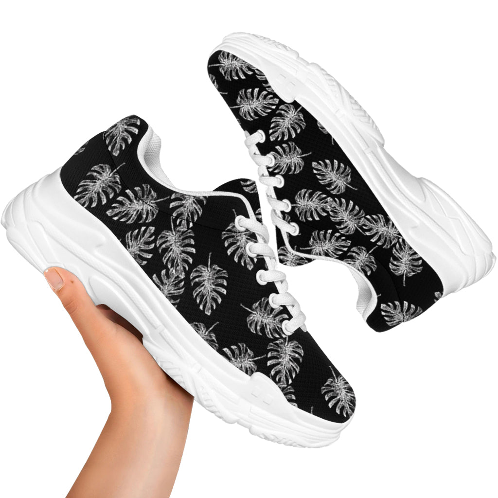 Black And White Monstera Pattern Print White Chunky Shoes