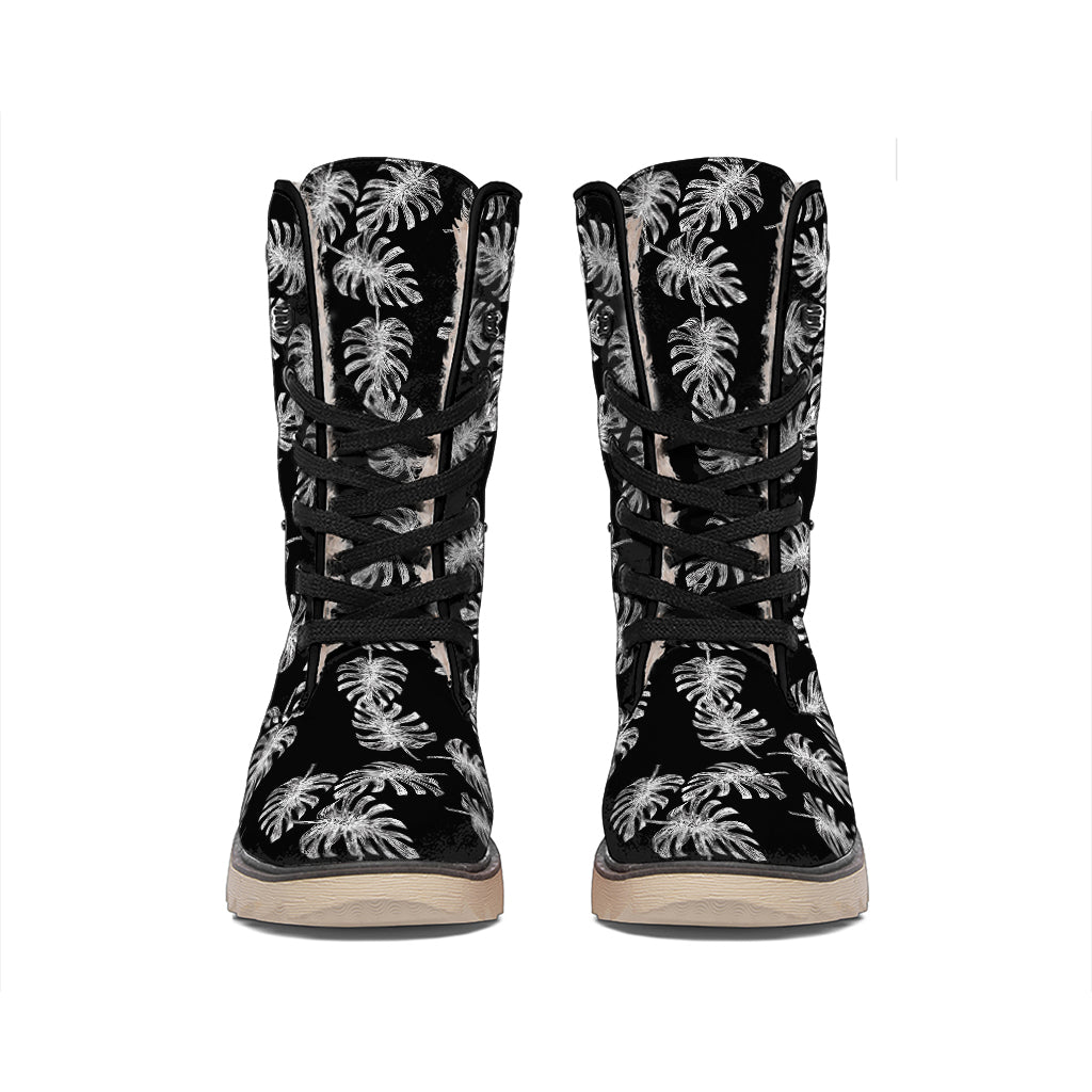 Black And White Monstera Pattern Print Winter Boots