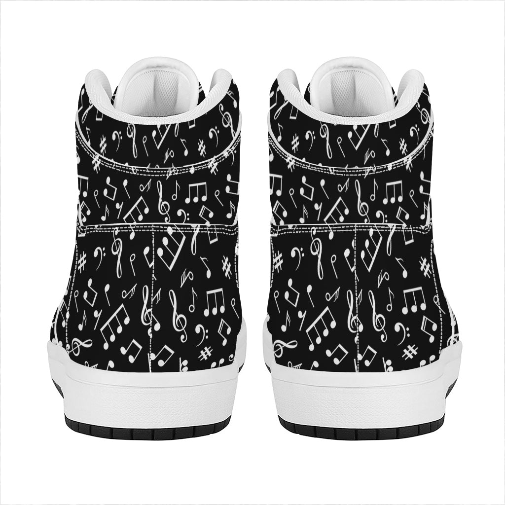 Black And White Music Note Pattern Print High Top Leather Sneakers