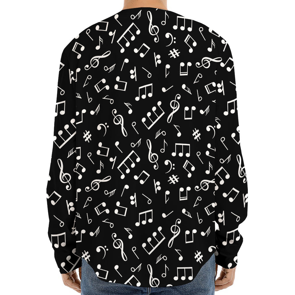 Black And White Music Note Pattern Print Long Sleeve Baseball Jersey