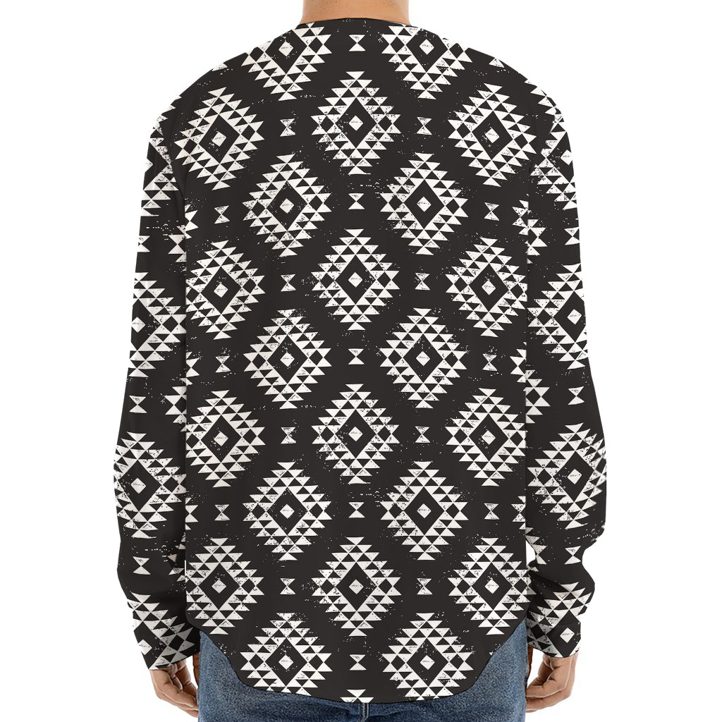 Black And White Navajo Pattern Print Long Sleeve Baseball Jersey
