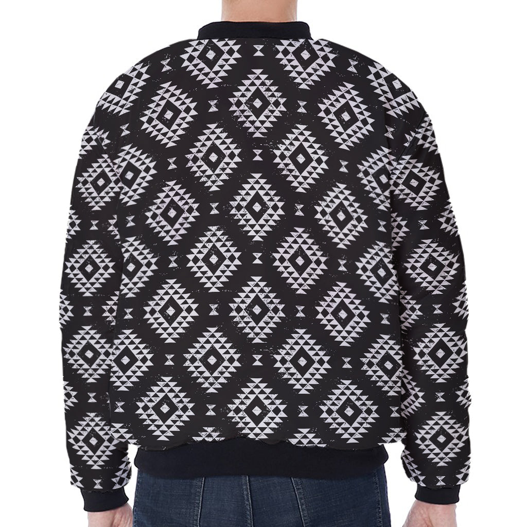 Black And White Navajo Pattern Print Zip Sleeve Bomber Jacket