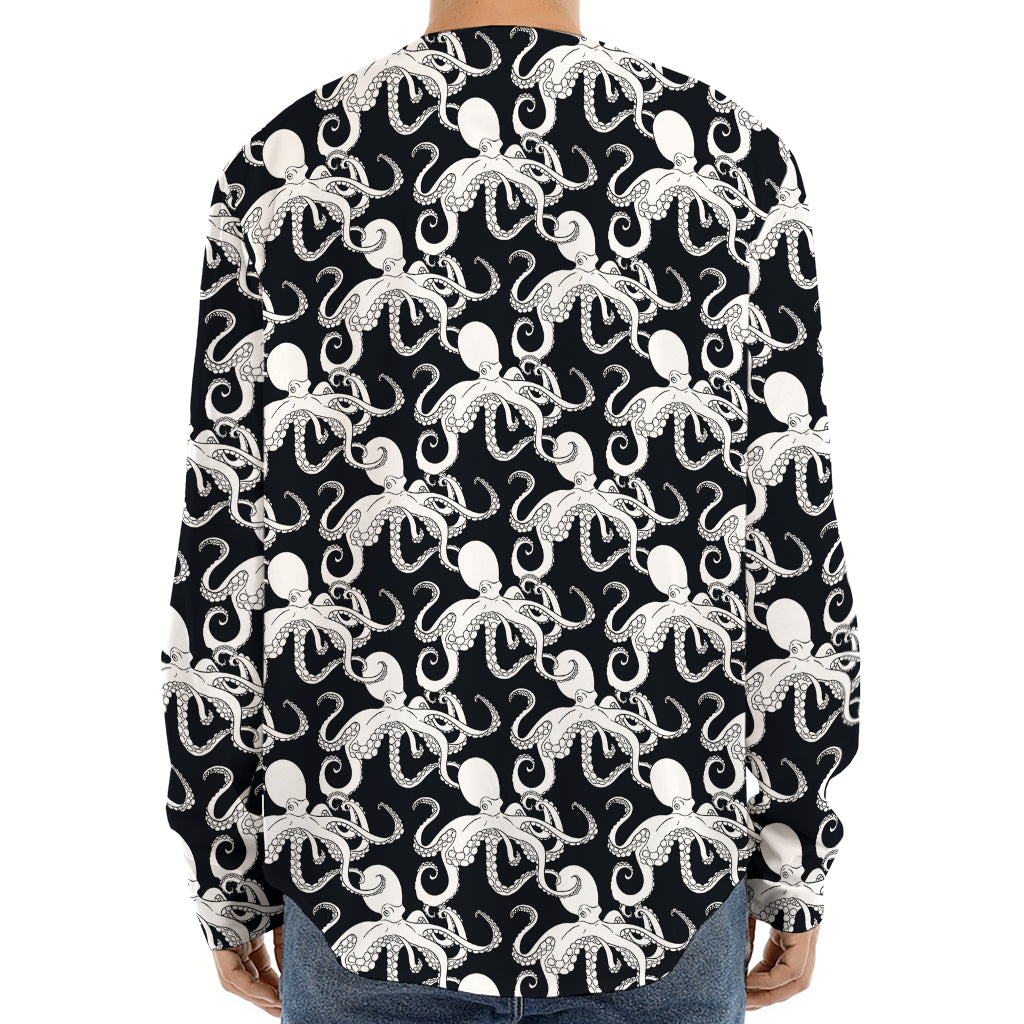 Black And White Octopus Pattern Print Long Sleeve Baseball Jersey