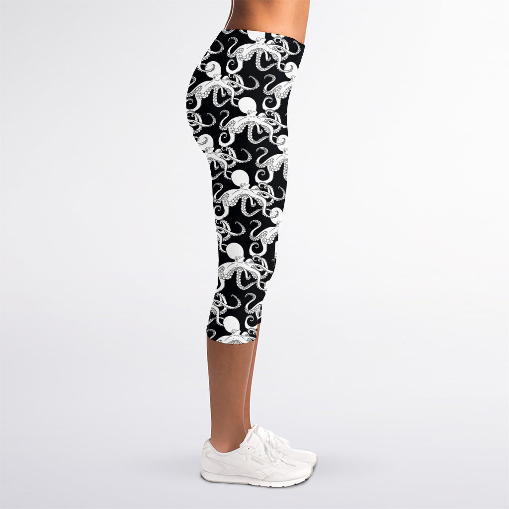 Black And White Octopus Pattern Print Women's Capri Leggings