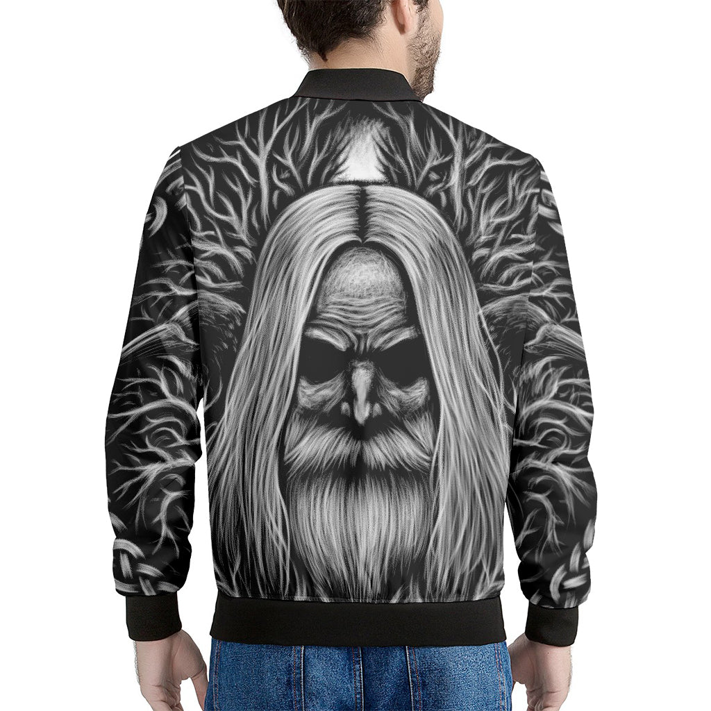 Black And White Odin With Crows Print Men's Bomber Jacket