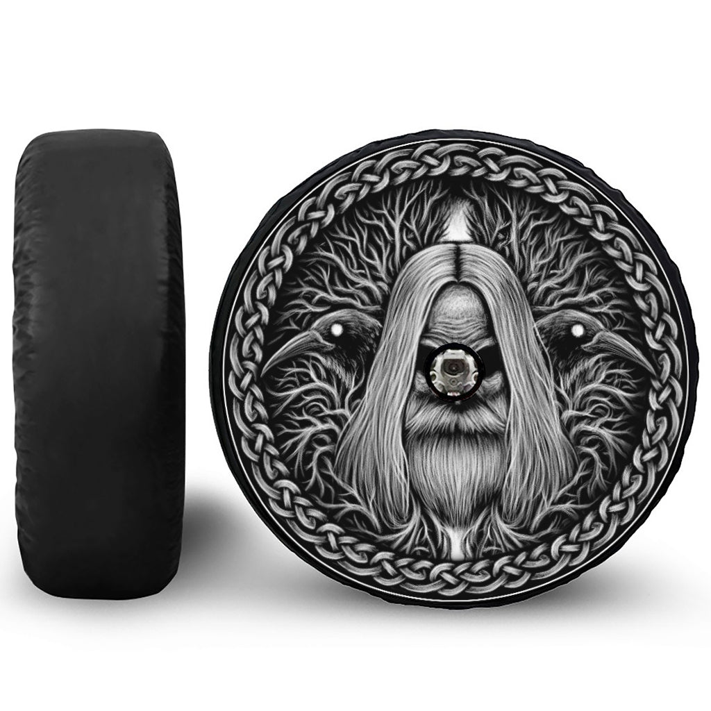 Black And White Odin With Crows Print Tire Cover With Camera Hole