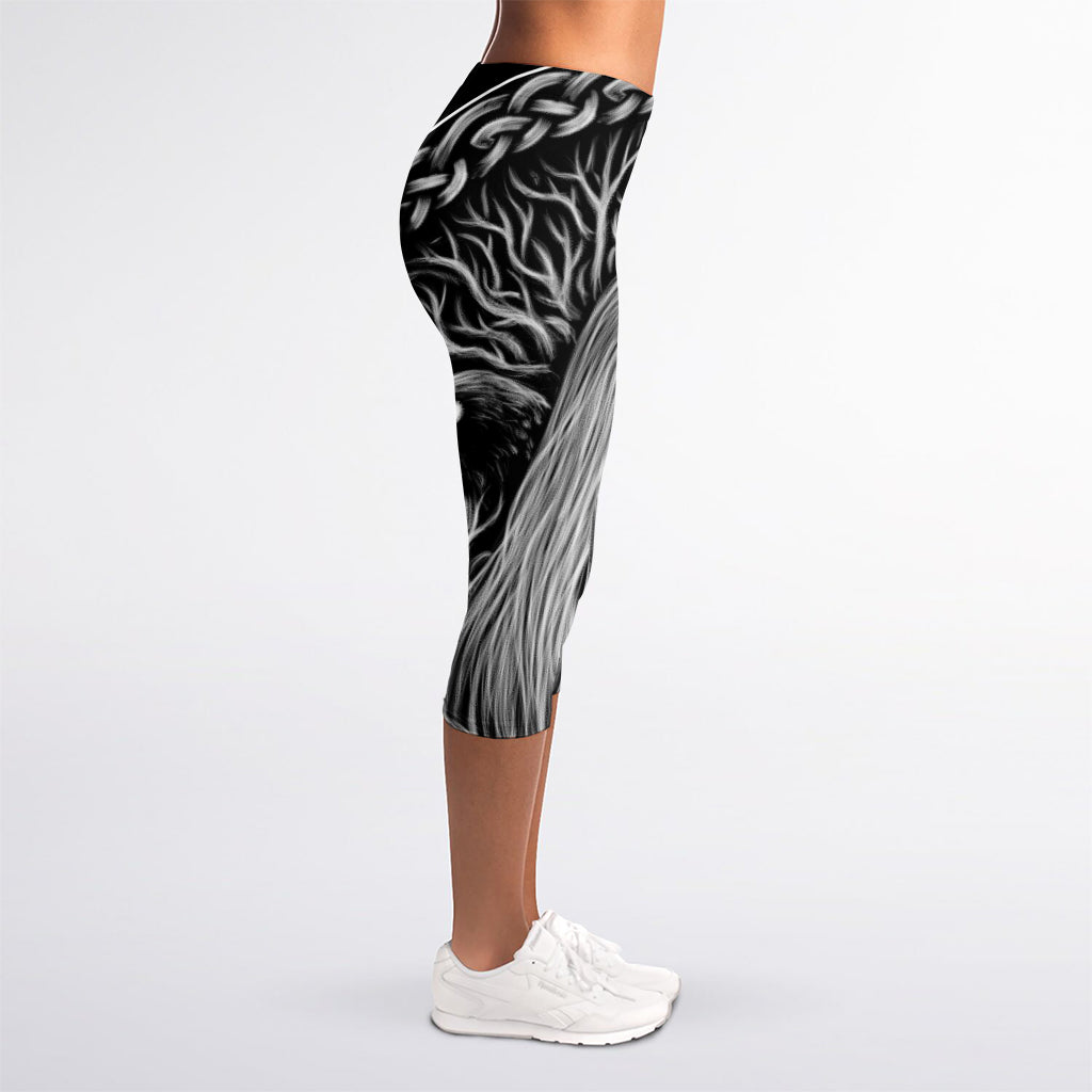 Black And White Odin With Crows Print Women's Capri Leggings