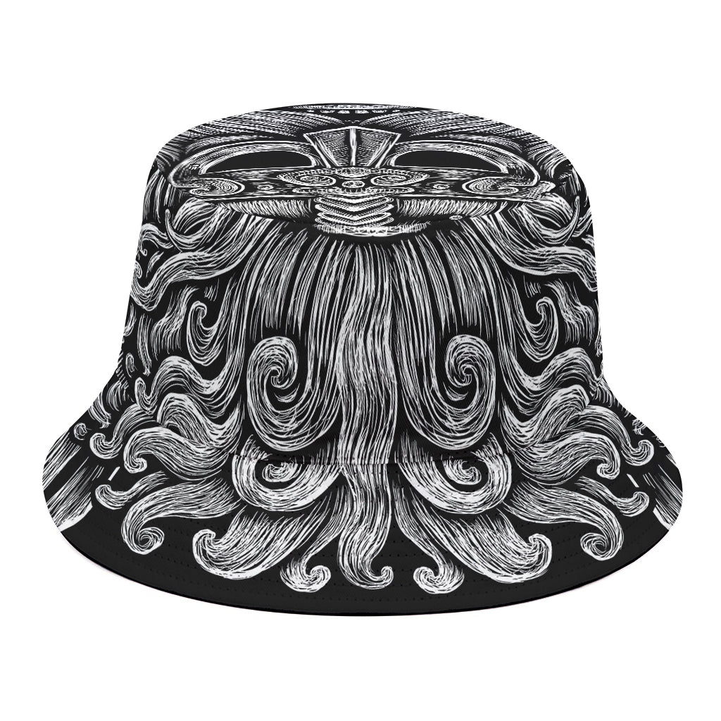 Black And White Odin With Wolfs Print Bucket Hat