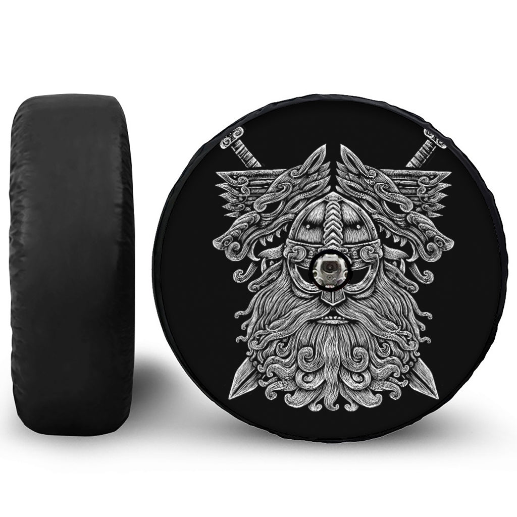 Black And White Odin With Wolfs Print Tire Cover With Camera Hole