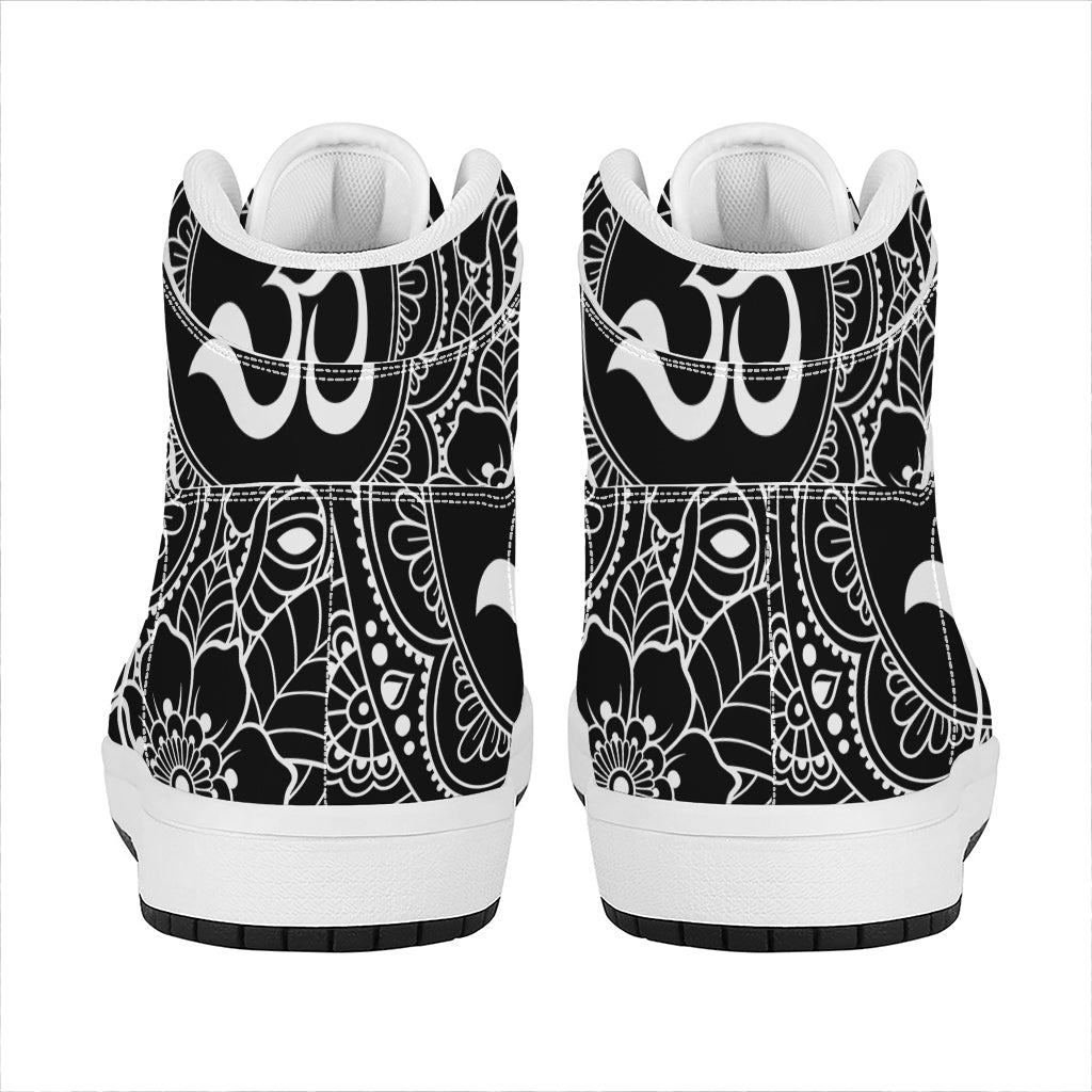 Black And White Om Print High Top Leather Sneakers