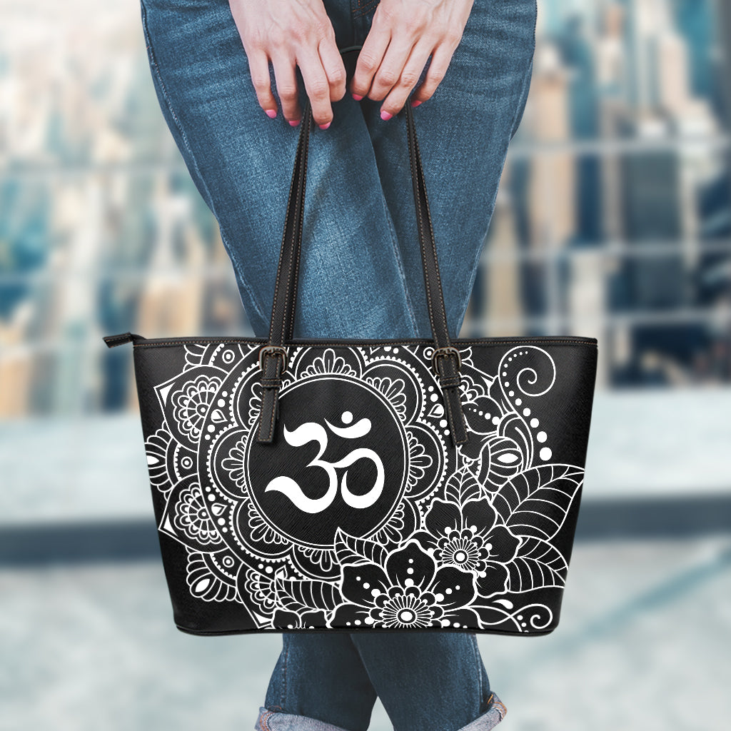 Black And White Om Print Leather Tote Bag