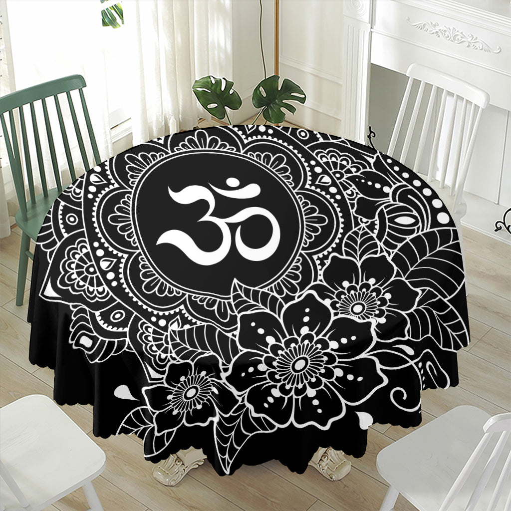Black And White Om Print Waterproof Round Tablecloth
