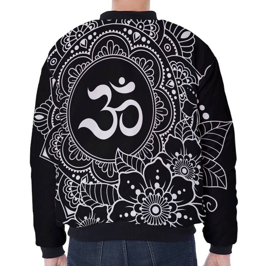 Black And White Om Print Zip Sleeve Bomber Jacket