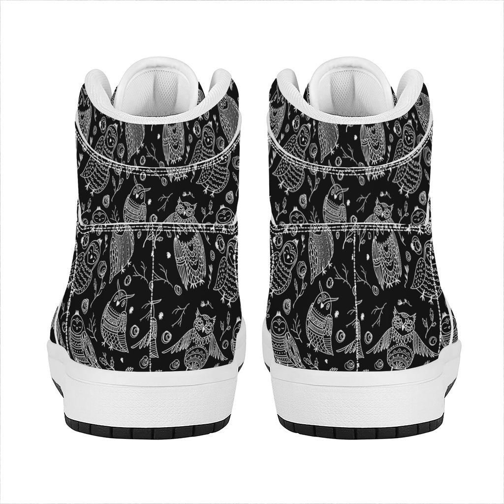 Black And White Owl Pattern Print High Top Leather Sneakers