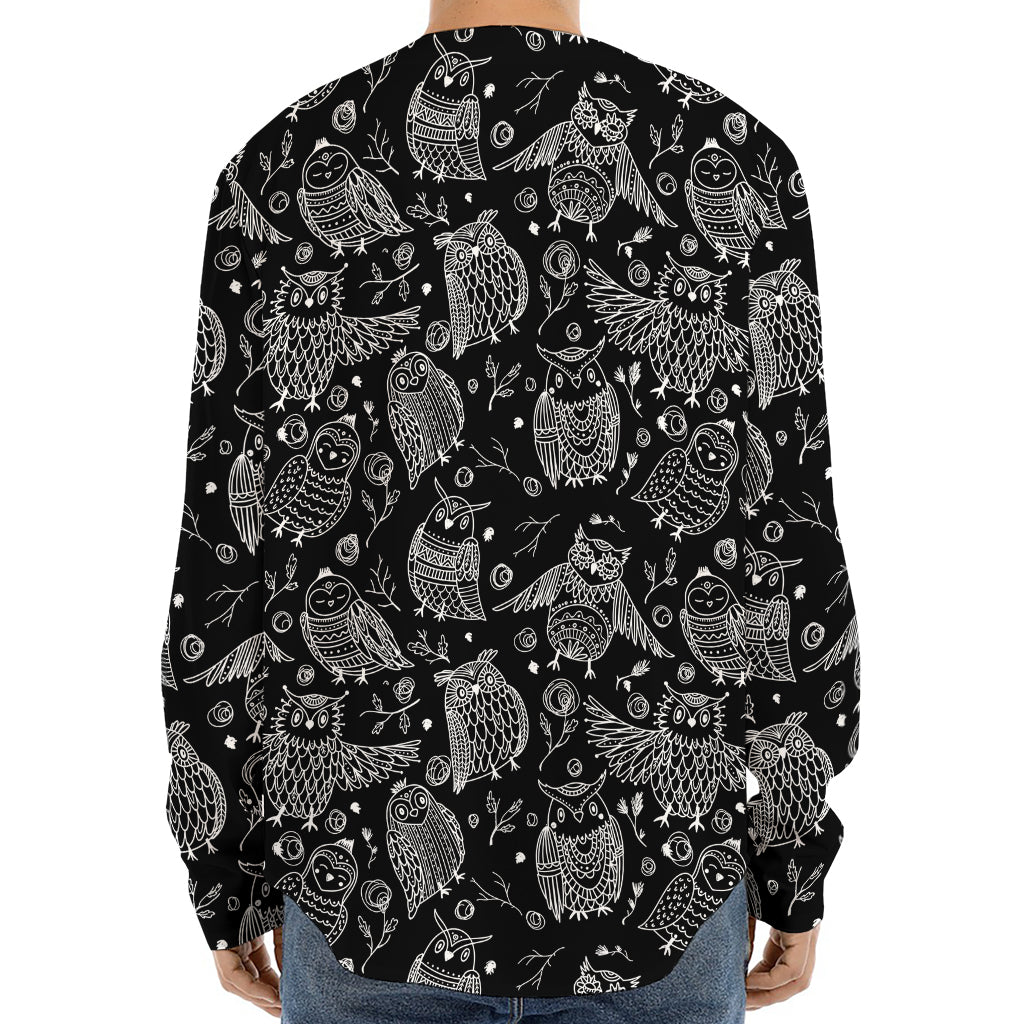 Black And White Owl Pattern Print Long Sleeve Baseball Jersey