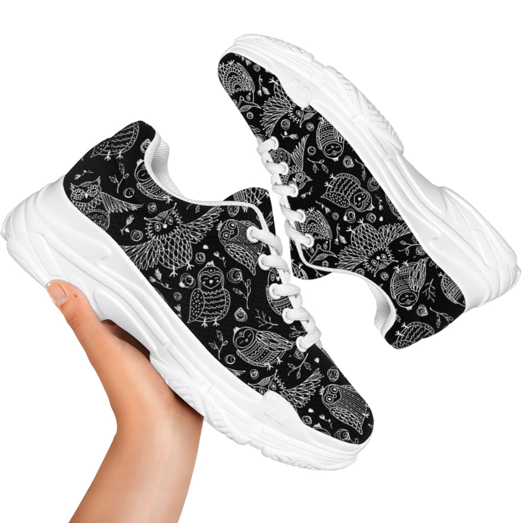 Black And White Owl Pattern Print White Chunky Shoes