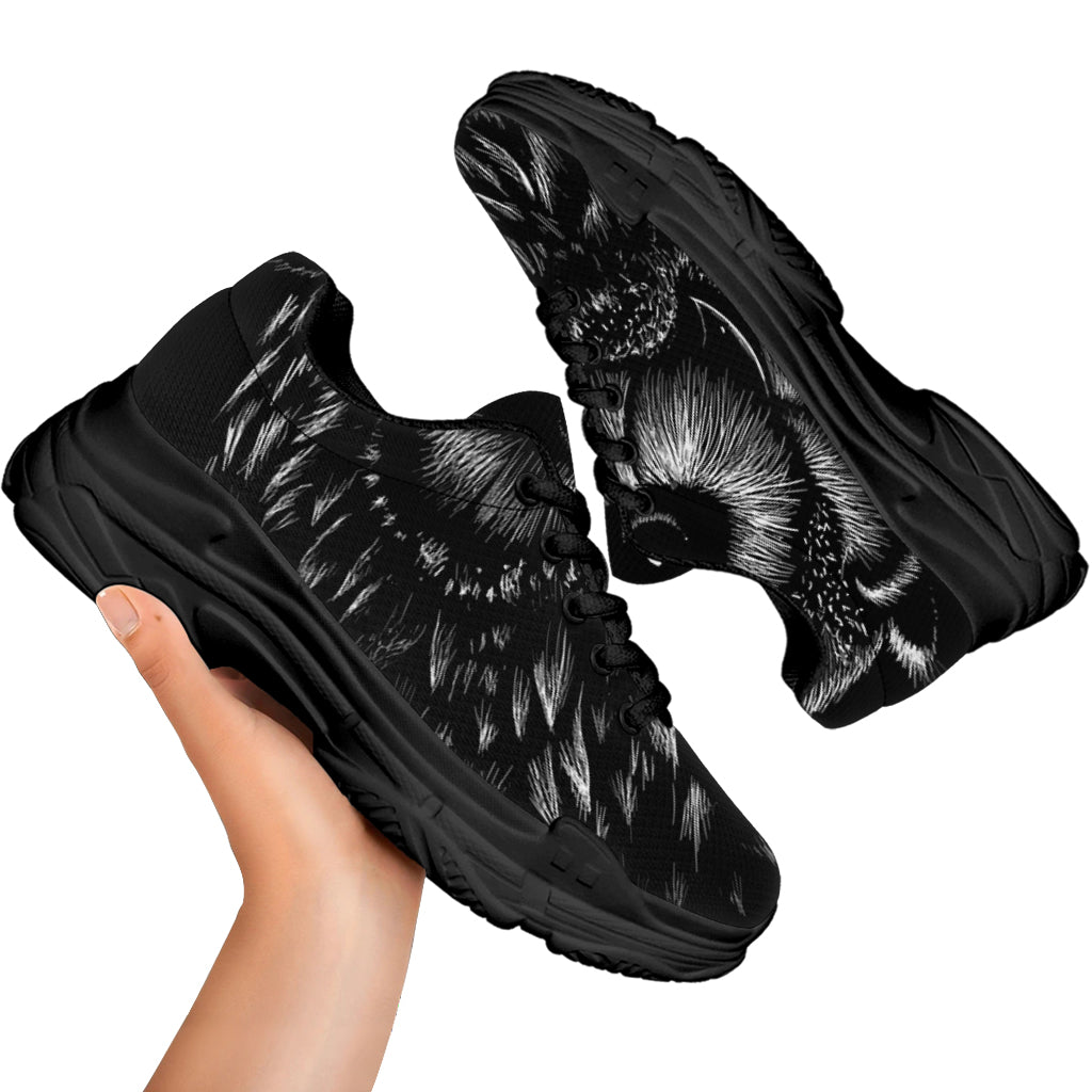 Black And White Owl Print Black Chunky Shoes