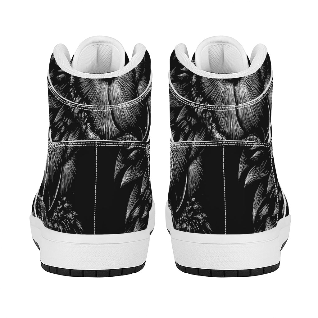 Black And White Owl Print High Top Leather Sneakers