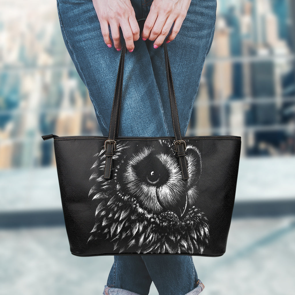 Black And White Owl Print Leather Tote Bag