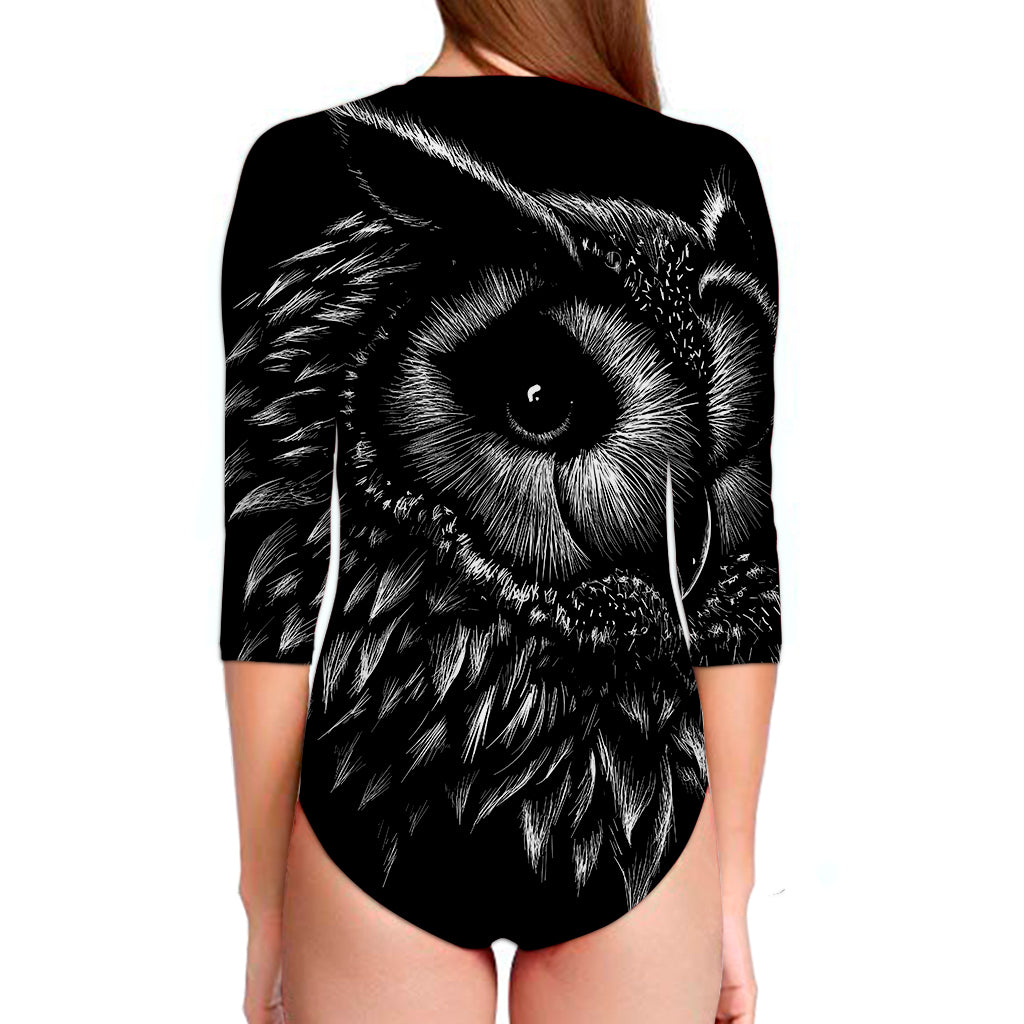 Black And White Owl Print Long Sleeve Swimsuit