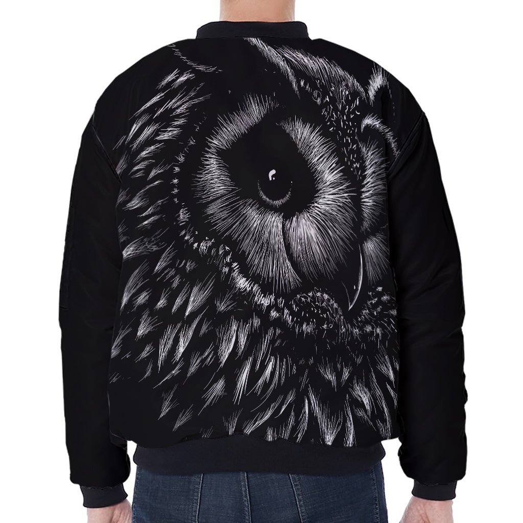Black And White Owl Print Zip Sleeve Bomber Jacket