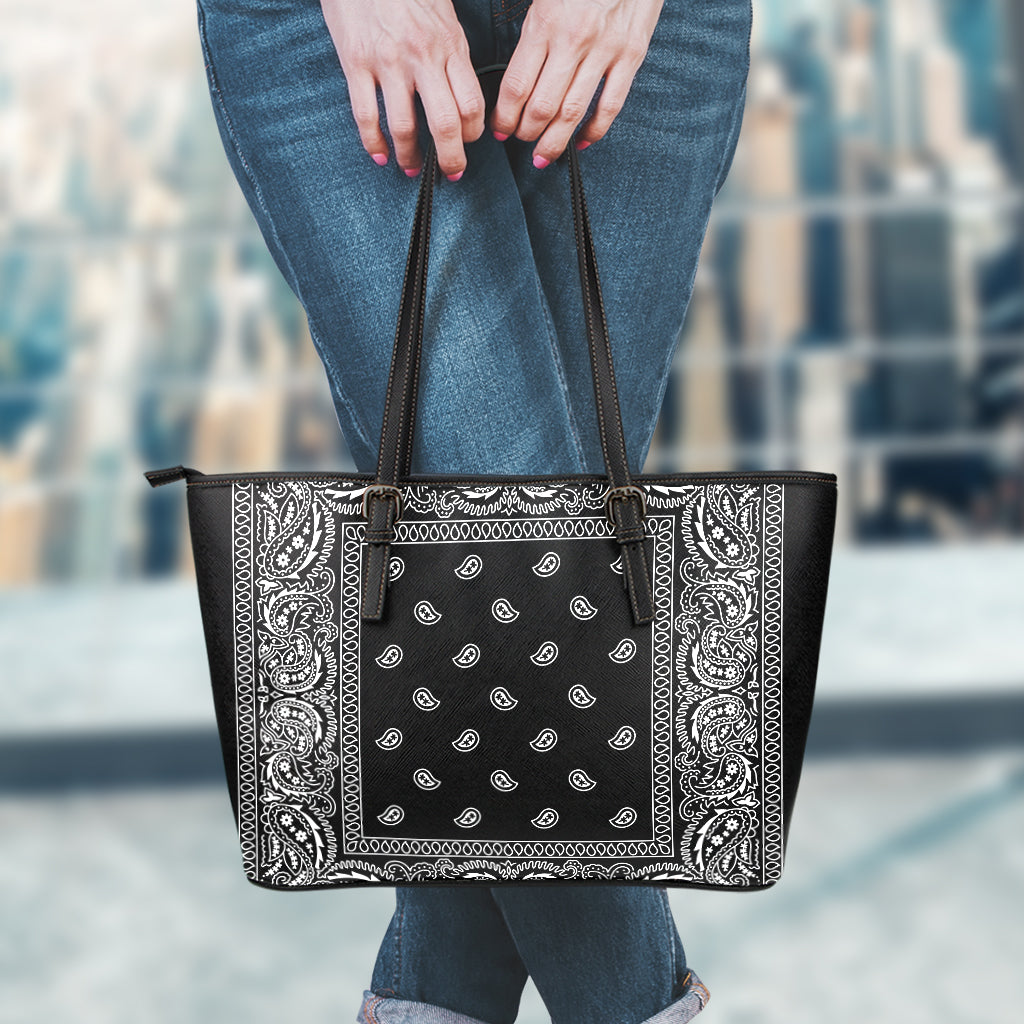 Black And White Paisley Bandana Print Leather Tote Bag