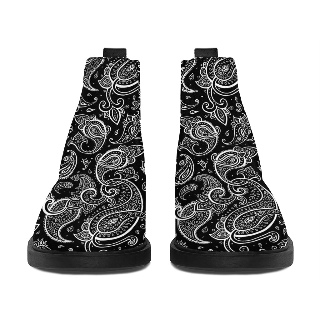 Black And White Paisley Pattern Print Flat Ankle Boots