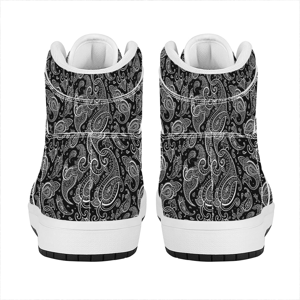 Black And White Paisley Pattern Print High Top Leather Sneakers