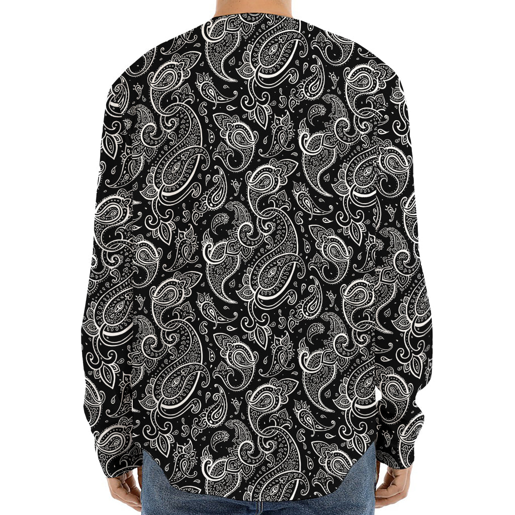 Black And White Paisley Pattern Print Long Sleeve Baseball Jersey
