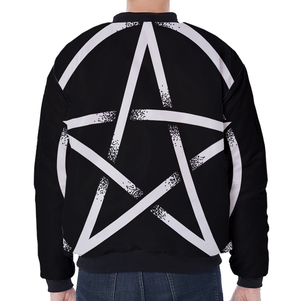 Black And White Pentagram Symbol Print Zip Sleeve Bomber Jacket