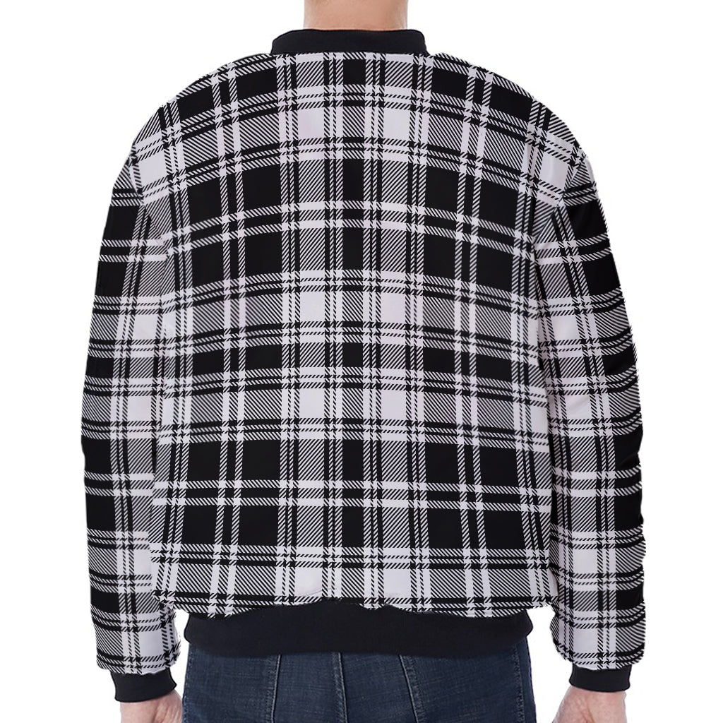 Black And White Plaid Pattern Print Zip Sleeve Bomber Jacket