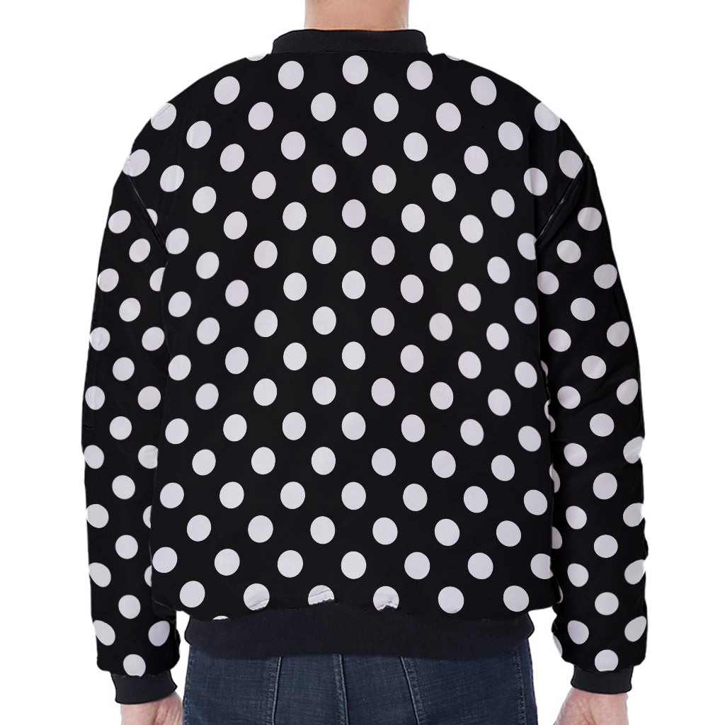 Black And White Polka Dot Pattern Print Zip Sleeve Bomber Jacket