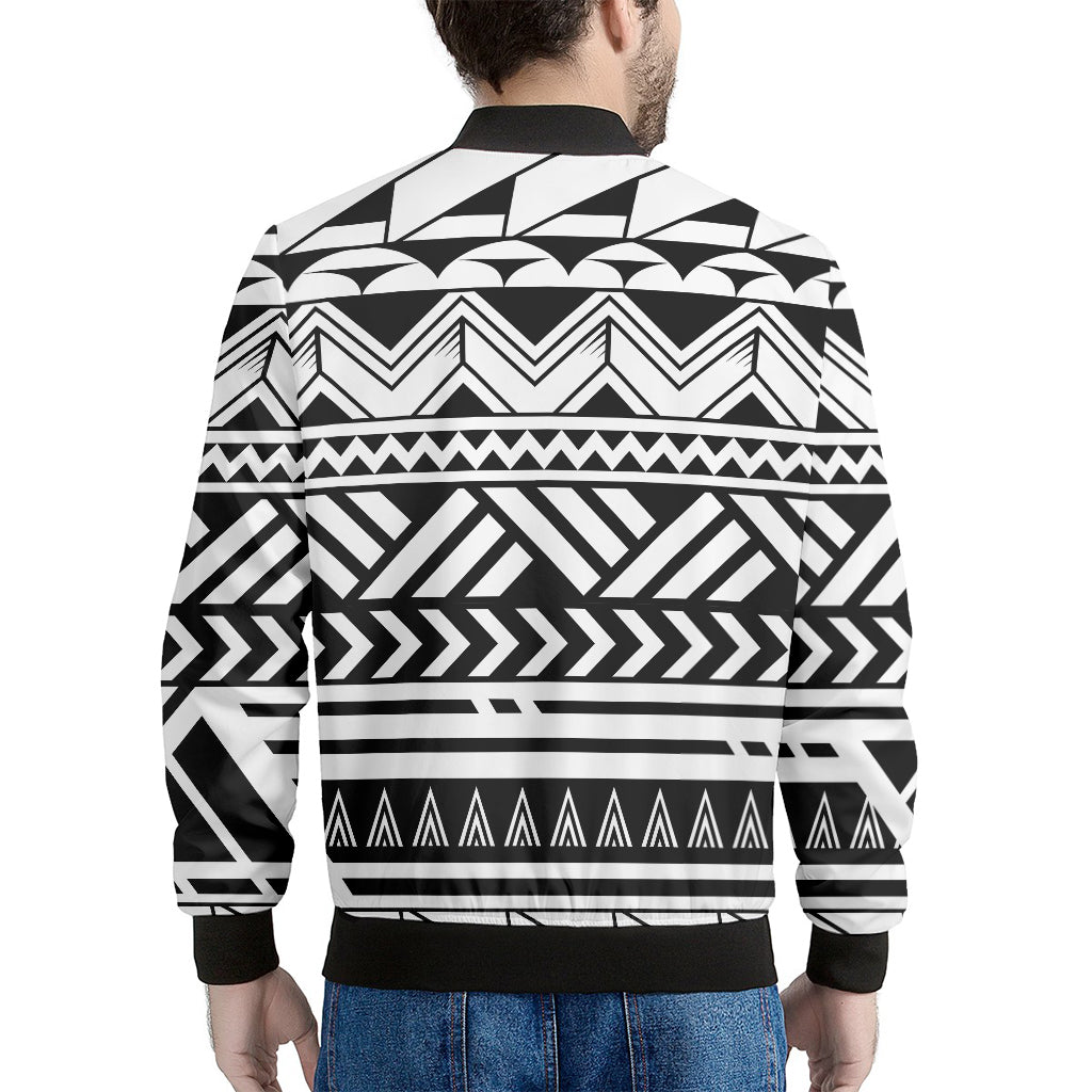 Black And White Polynesian Pattern Print Men's Bomber Jacket