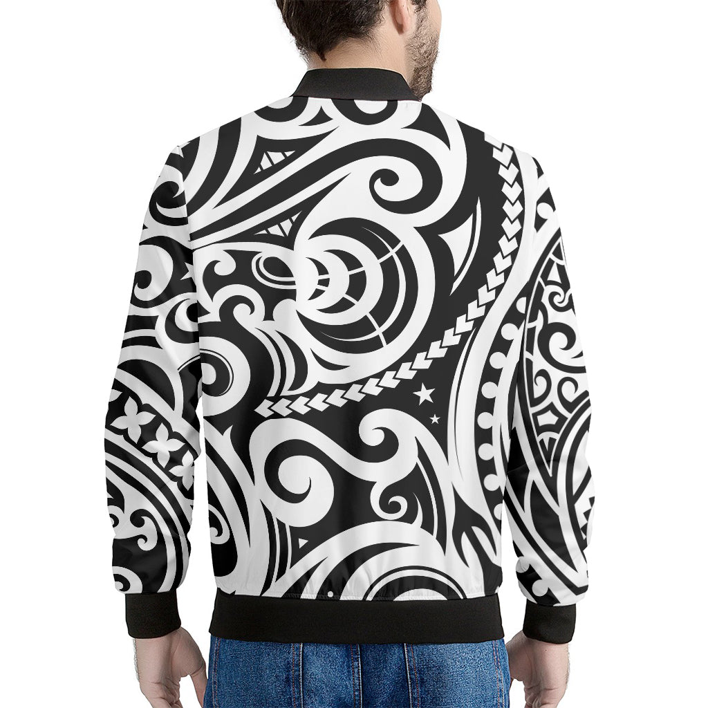 Black And White Polynesian Tattoo Print Men's Bomber Jacket