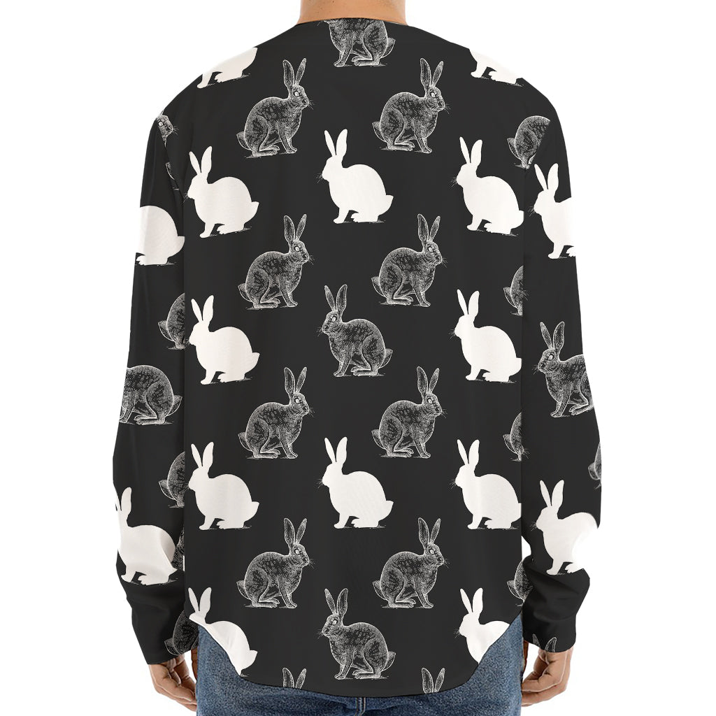 Black And White Rabbit Pattern Print Long Sleeve Baseball Jersey