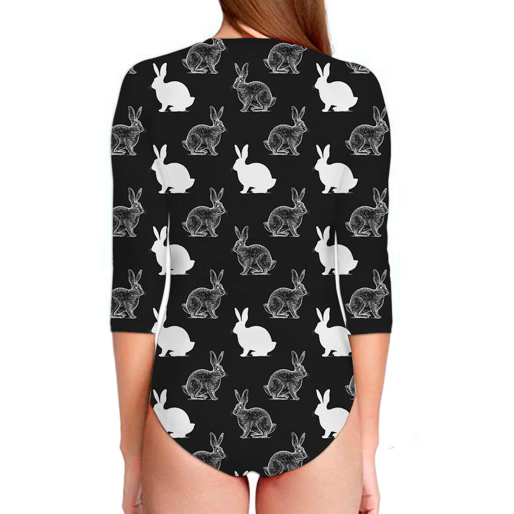 Black And White Rabbit Pattern Print Long Sleeve Swimsuit