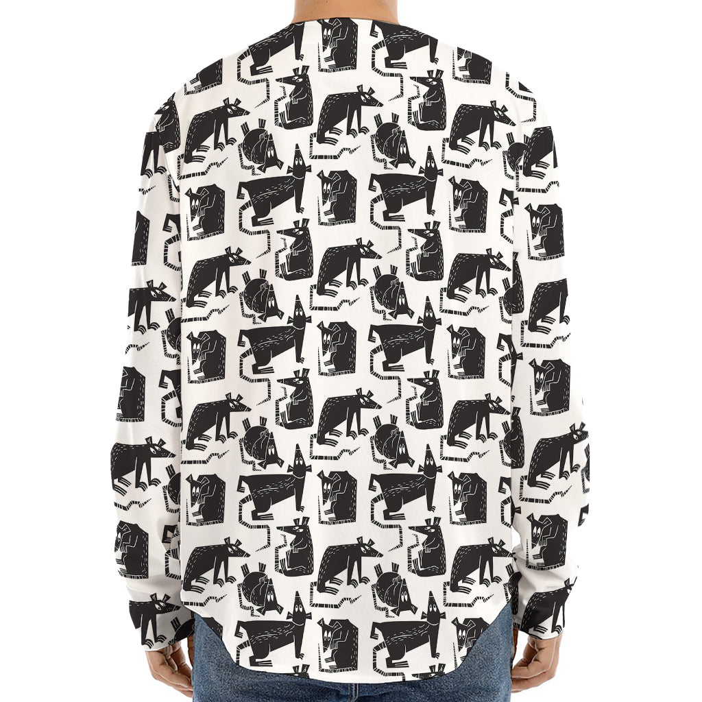 Black And White Rat Pattern Print Long Sleeve Baseball Jersey