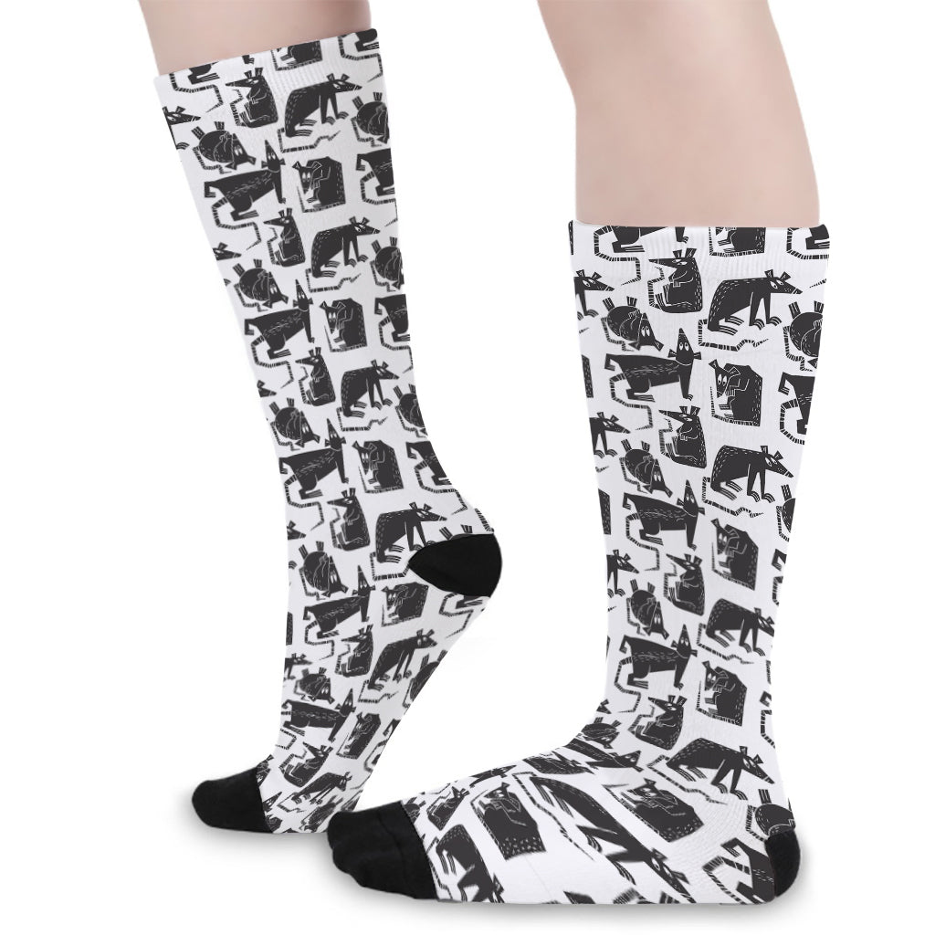 Black And White Rat Pattern Print Long Socks