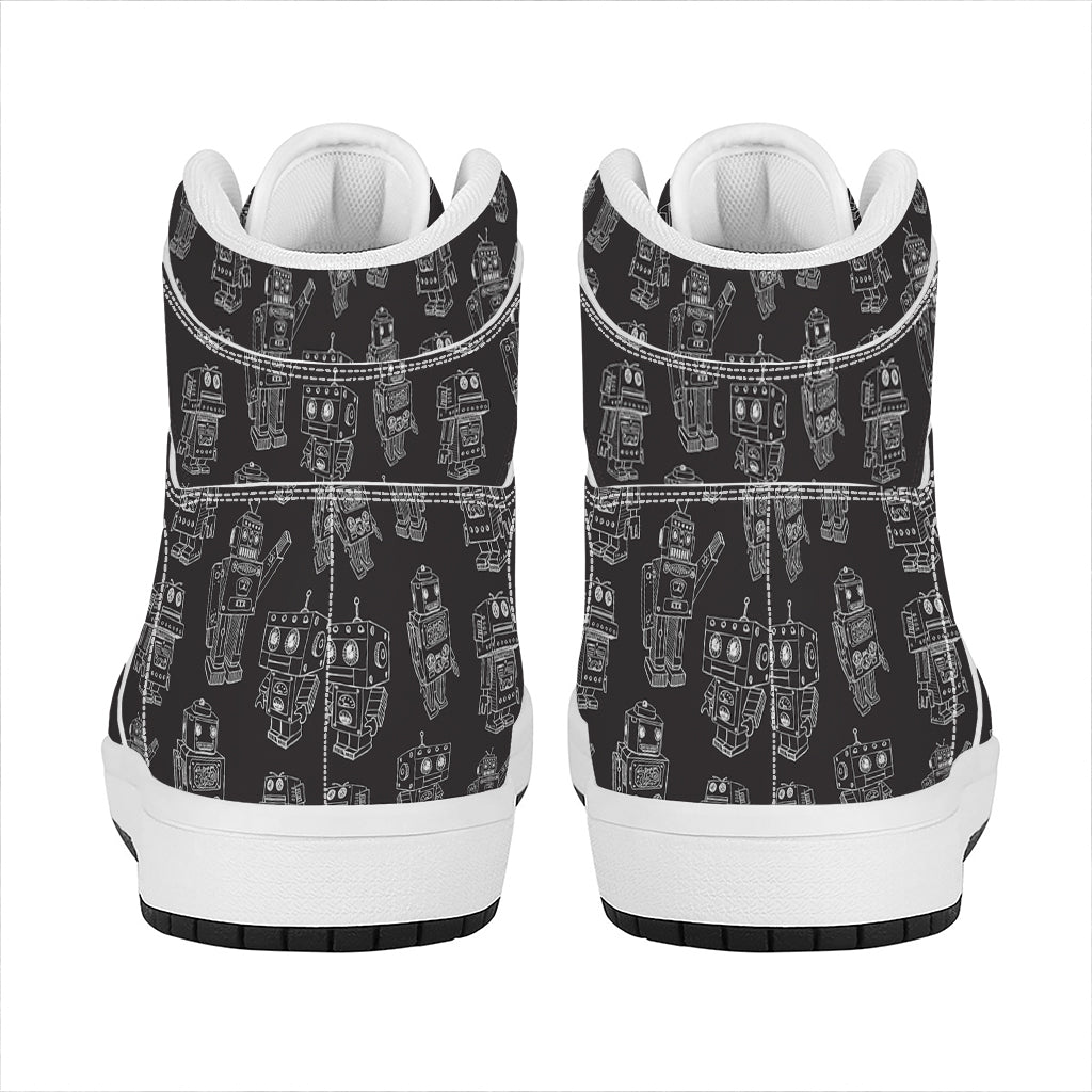 Black And White Robot Pattern Print High Top Leather Sneakers