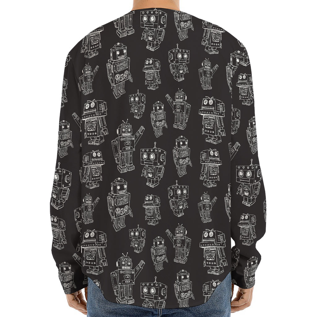 Black And White Robot Pattern Print Long Sleeve Baseball Jersey