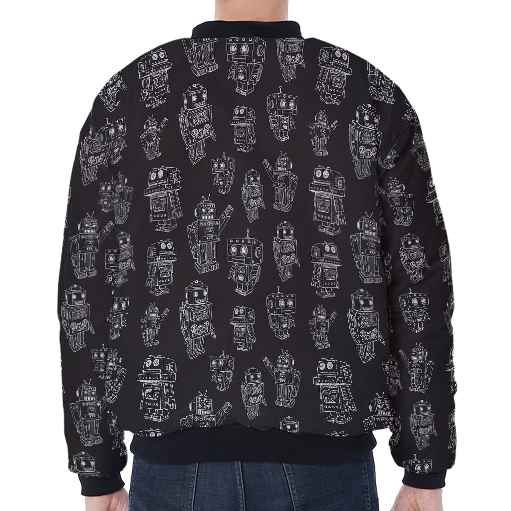 Black And White Robot Pattern Print Zip Sleeve Bomber Jacket