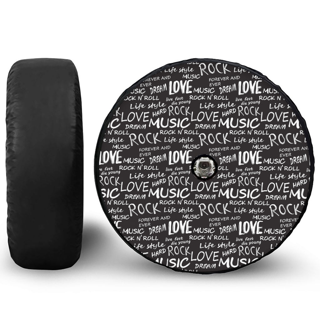 Black And White Rock And Roll Print Tire Cover With Camera Hole
