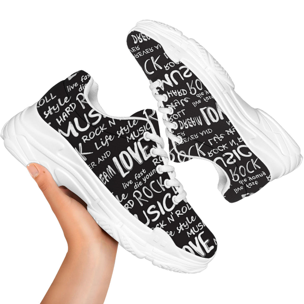 Black And White Rock And Roll Print White Chunky Shoes