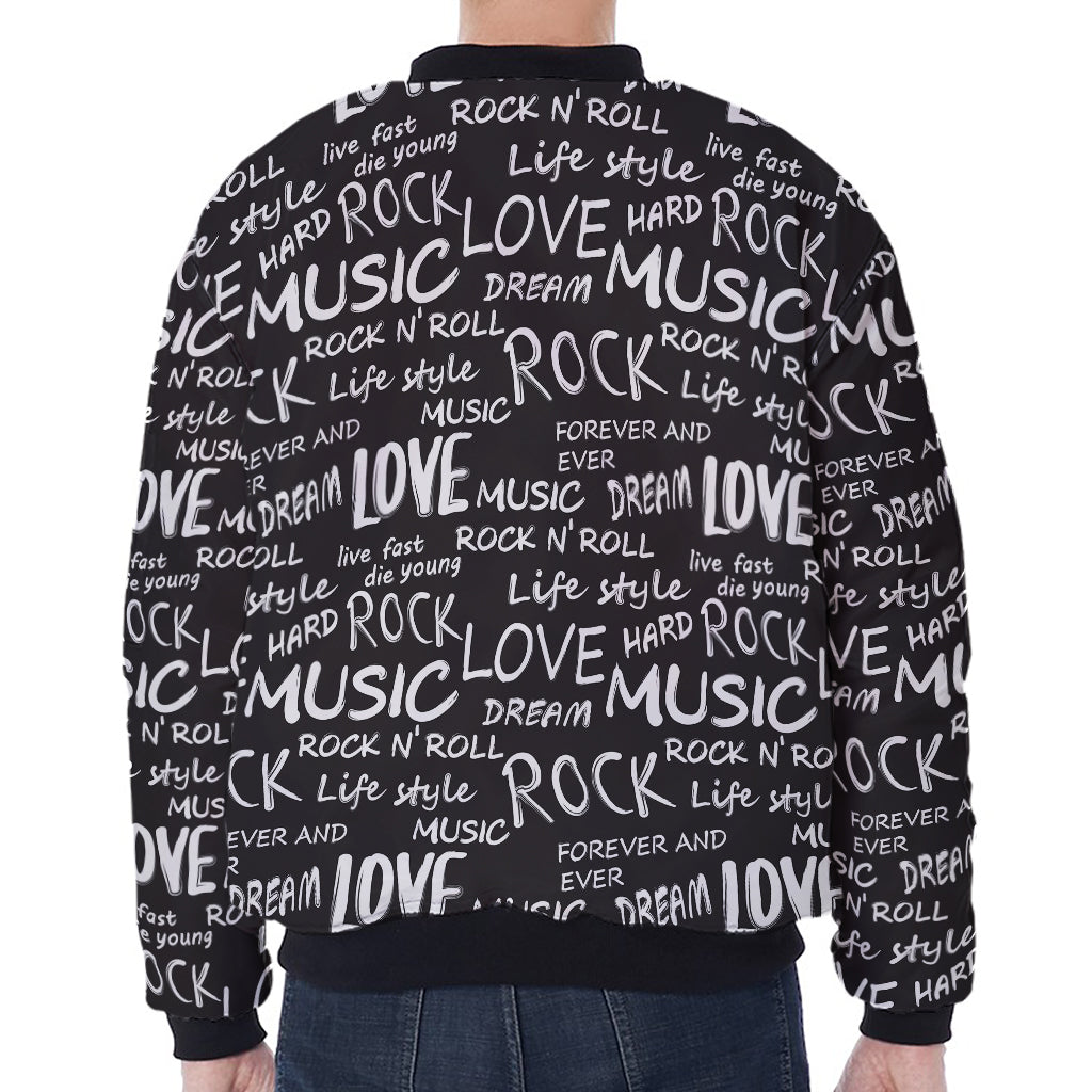 Black And White Rock And Roll Print Zip Sleeve Bomber Jacket
