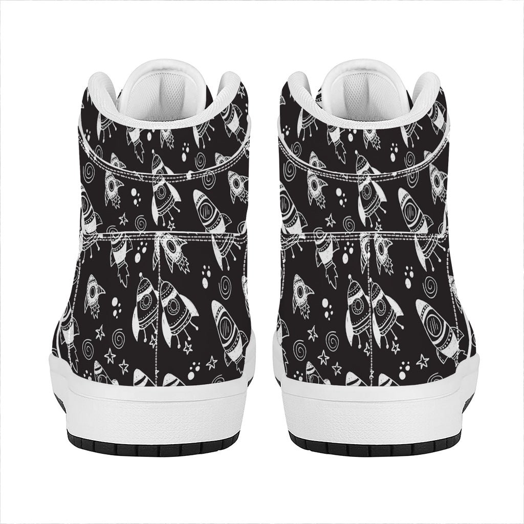 Black And White Rocket Pattern Print High Top Leather Sneakers