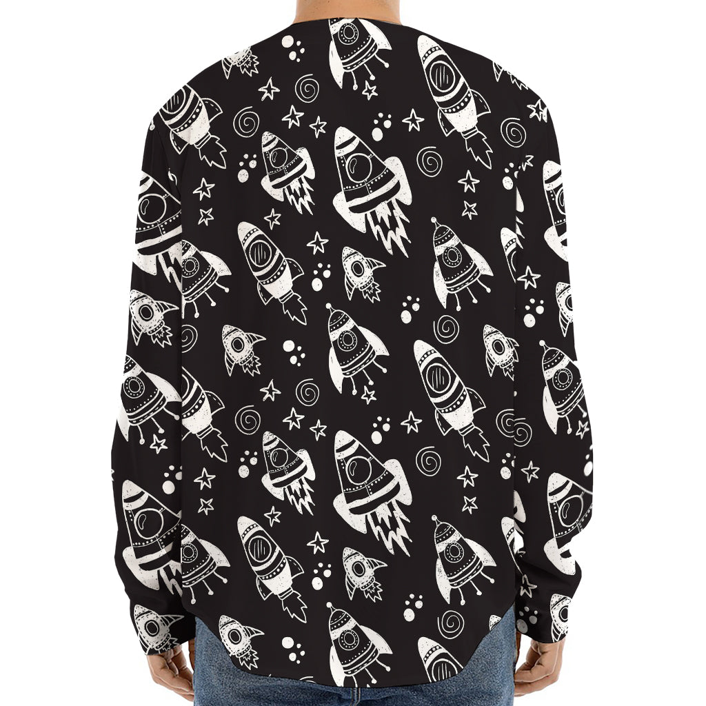 Black And White Rocket Pattern Print Long Sleeve Baseball Jersey