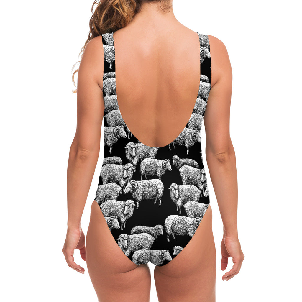 Black And White Sheep Pattern Print One Piece Swimsuit