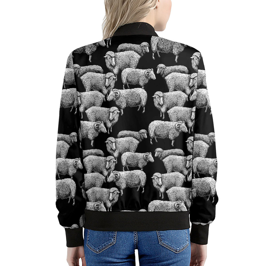 Black And White Sheep Pattern Print Women's Bomber Jacket