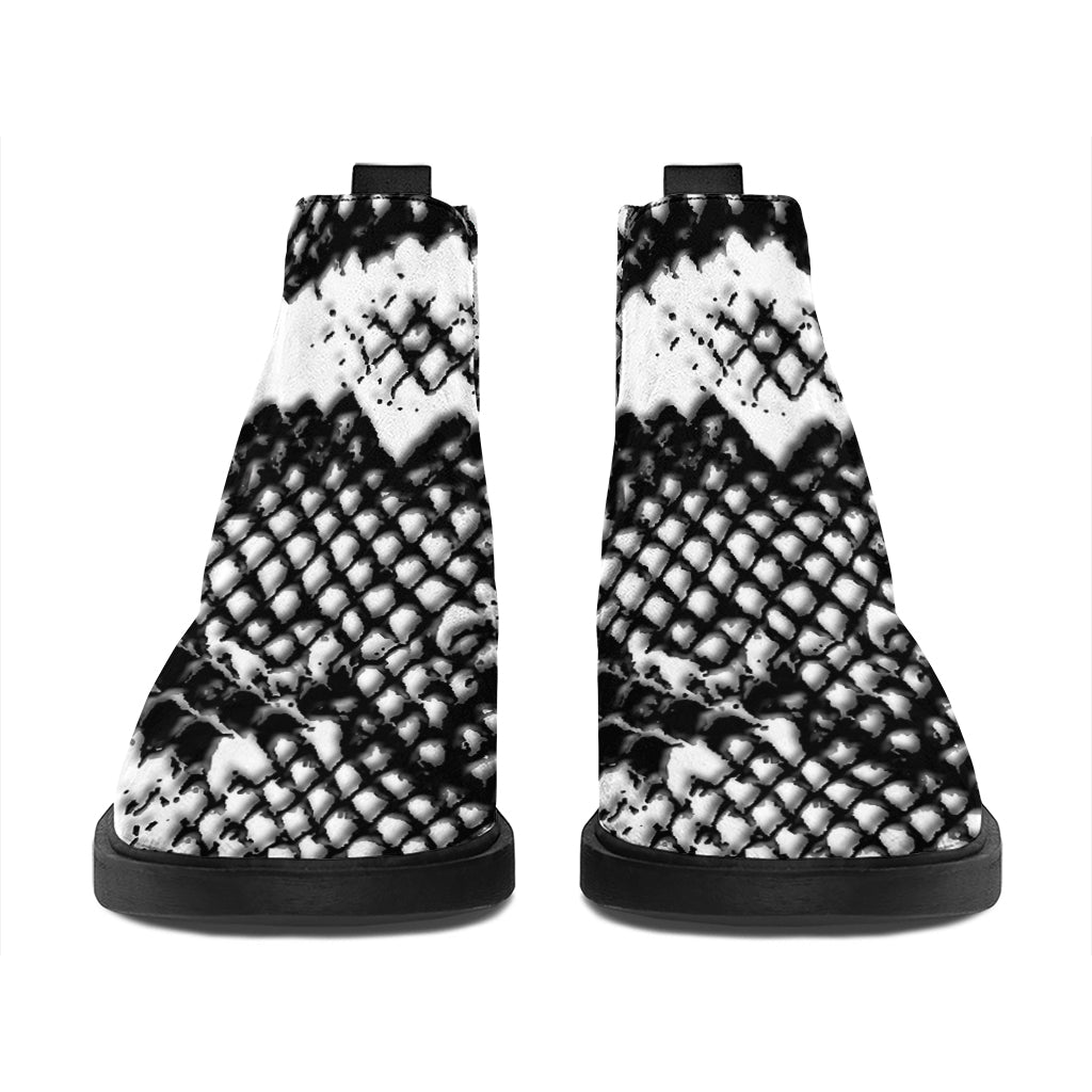 Black And White Snakeskin Print Flat Ankle Boots